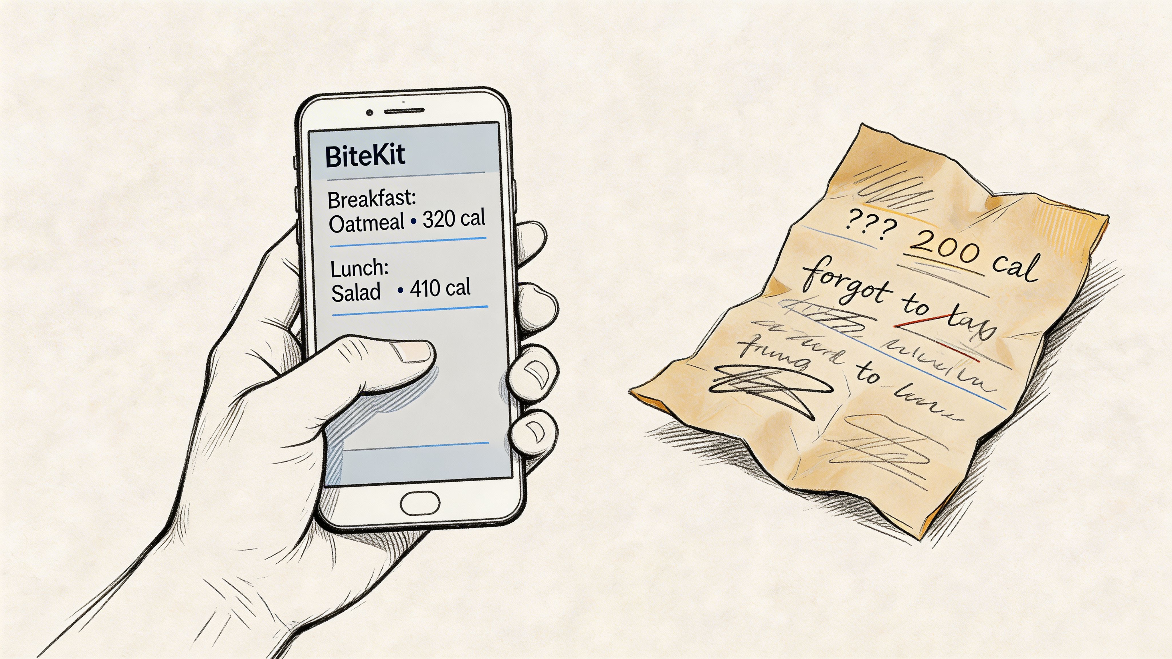 A hand holding a smartphone showing a food tracking app next to a crumpled handwritten note.