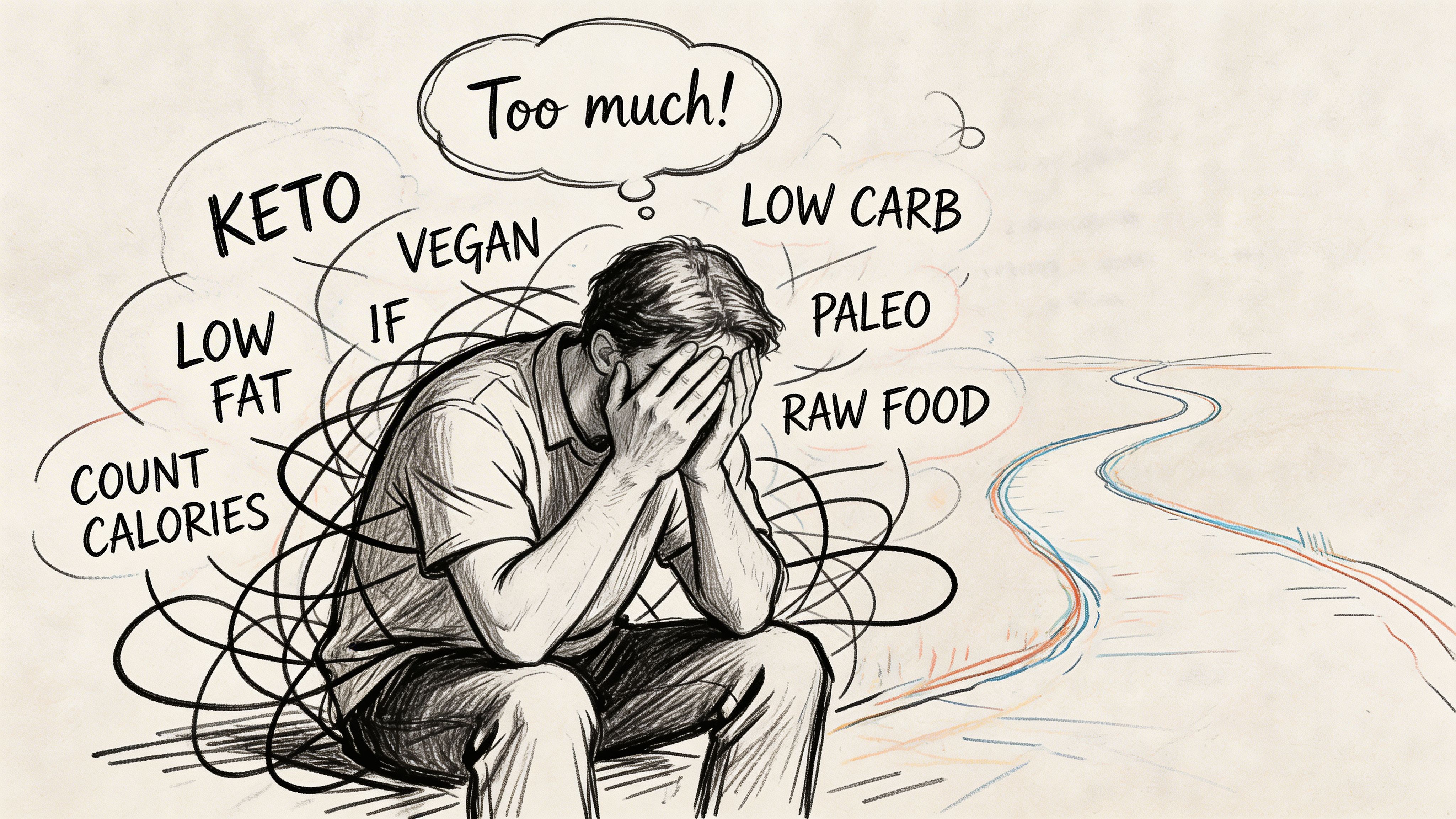 A stressed man sitting with his head in his hands, surrounded by confusing diet and nutrition labels.