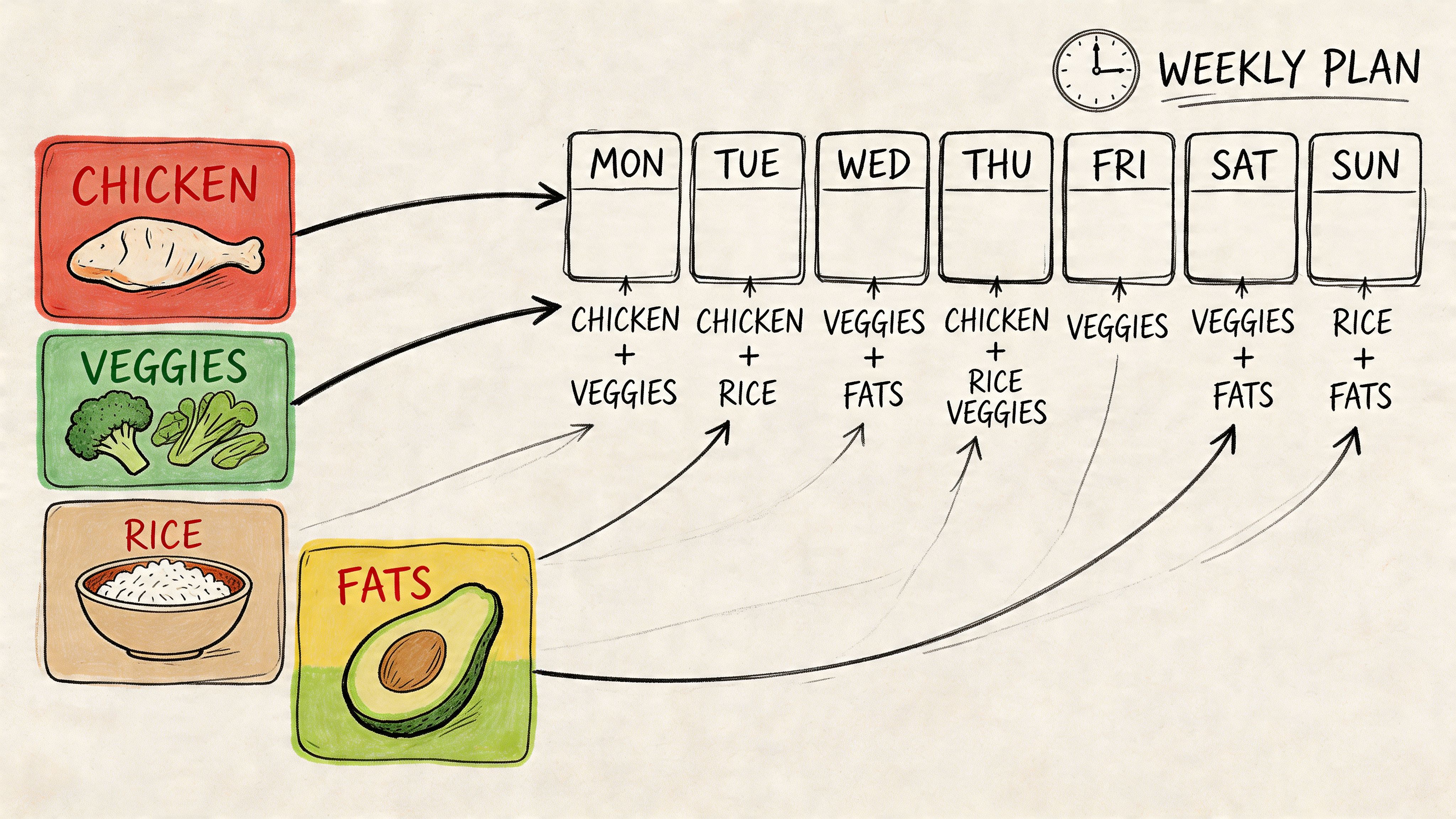 A hand-drawn weekly meal plan chart illustrating combinations of chicken, vegetables, rice, and fats for daily meals.