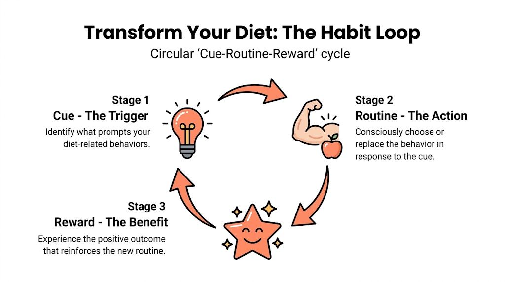 A diagram illustrating the habit loop of cue, routine, and reward for transforming diet habits.