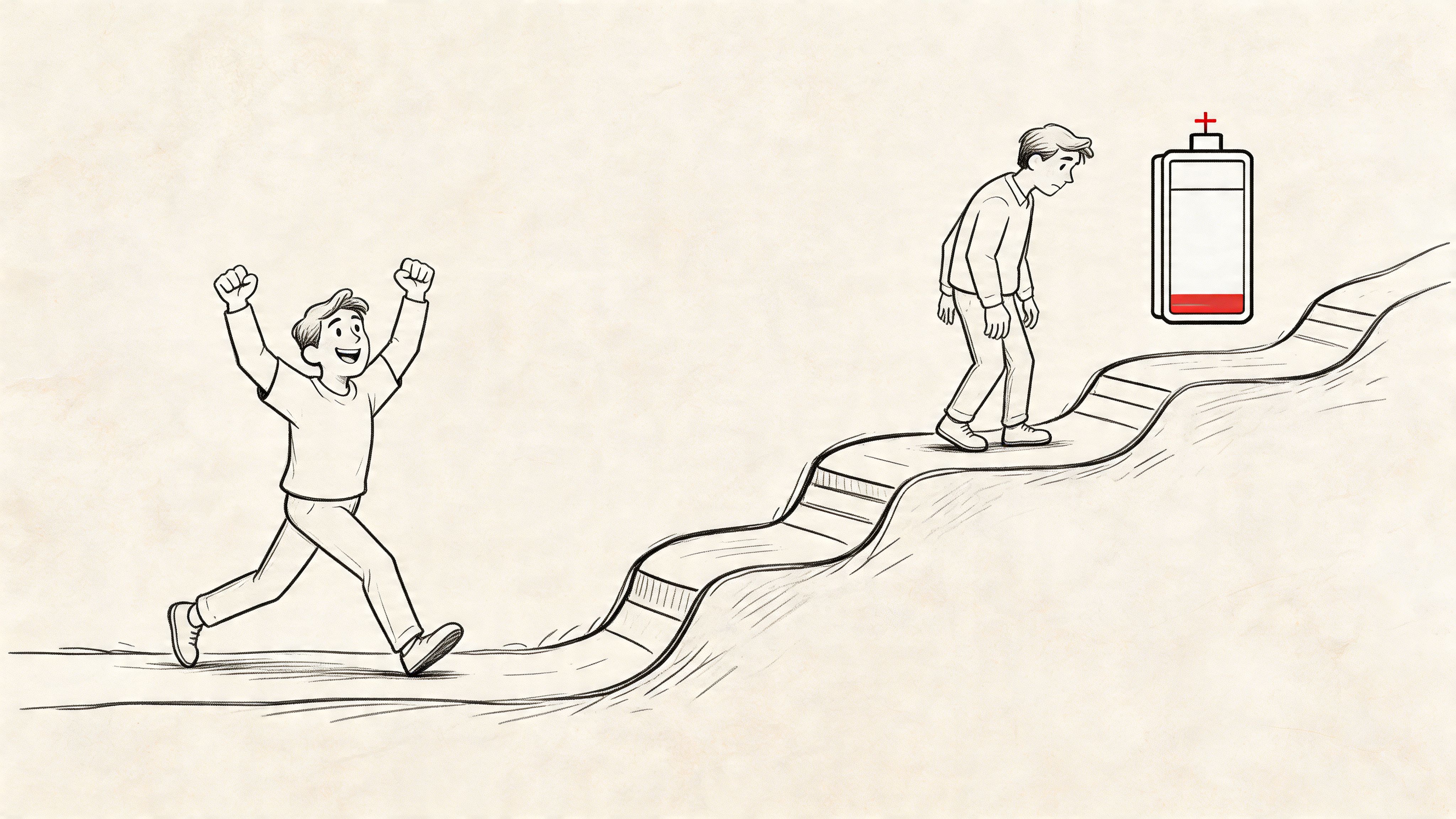 A happy person runs easily while another walks up a steep path exhausted with a low battery symbol.