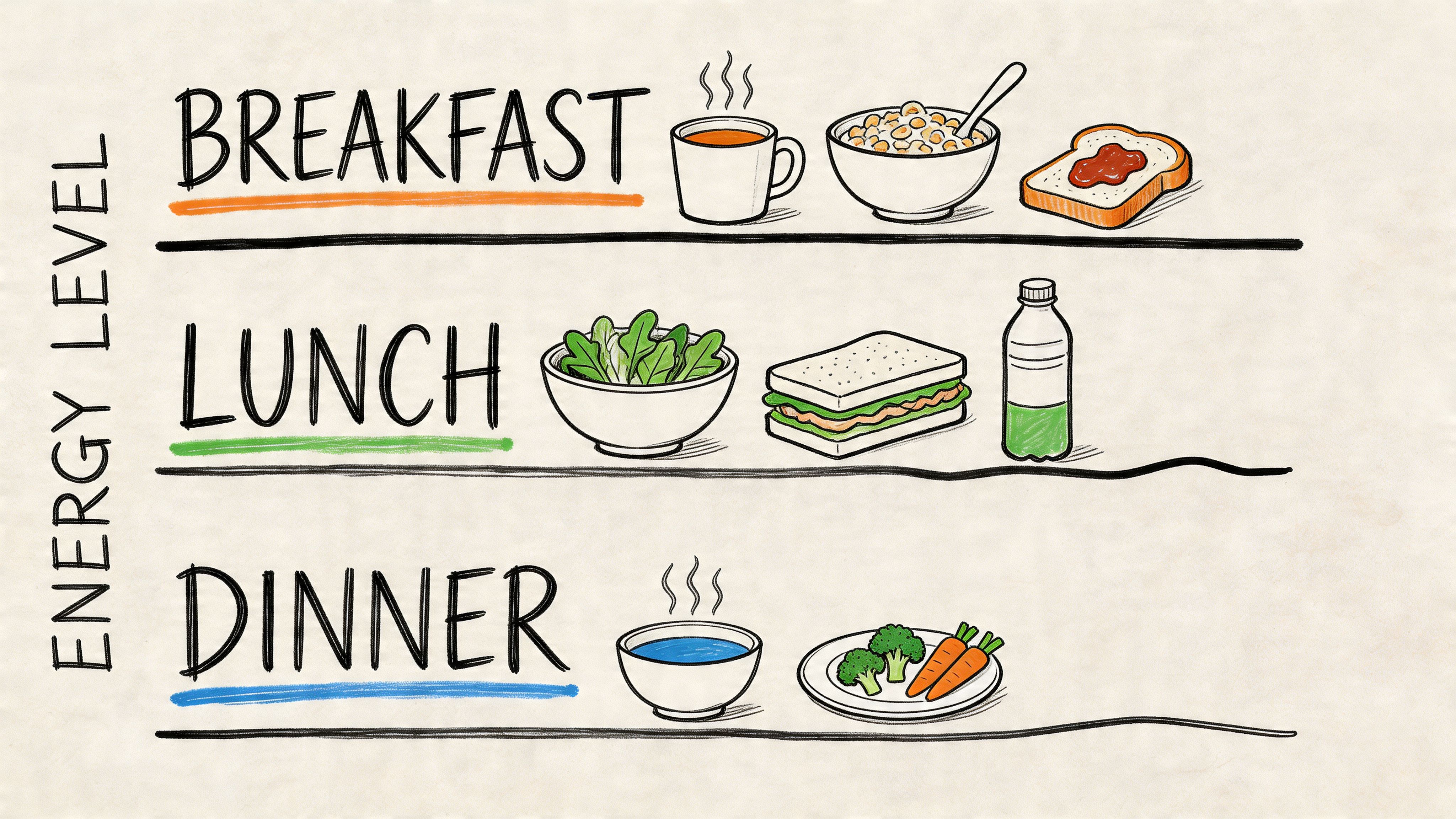 An infographic showing healthy food choices for breakfast, lunch, and dinner to manage energy levels throughout day.