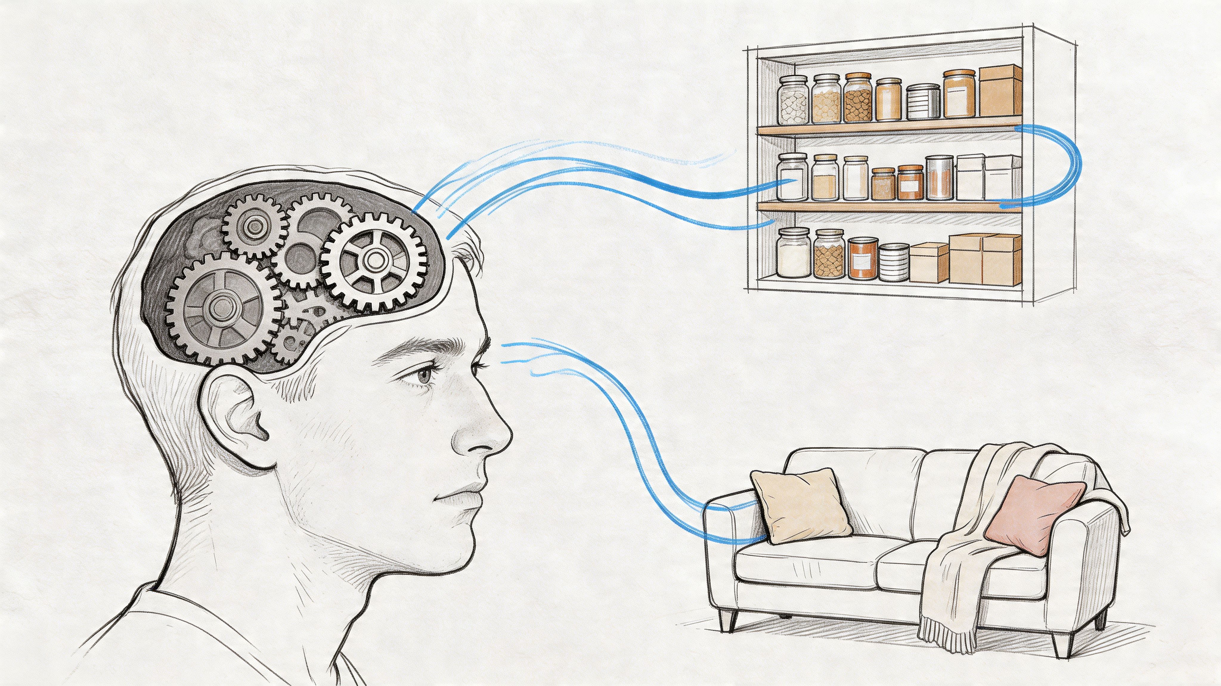 A conceptual illustration showing a person's brain connected to pantry shelves and a sofa, symbolizing mental associations.