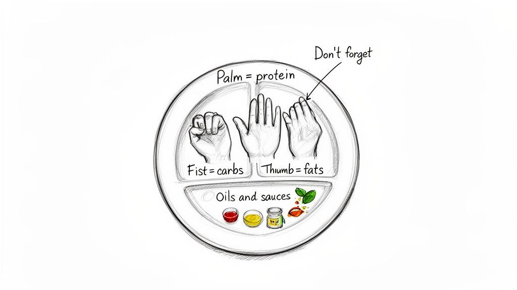 A divided plate illustrating hand portions for macro tracking: fist for carbs, palm for protein, thumb for fats, and oils/sauces.
