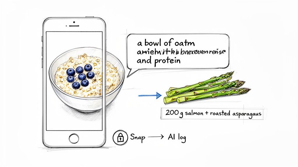A smartphone captures a meal, indicating AI food tracking for nutrition logging, showing oatmeal, salmon, and asparagus.