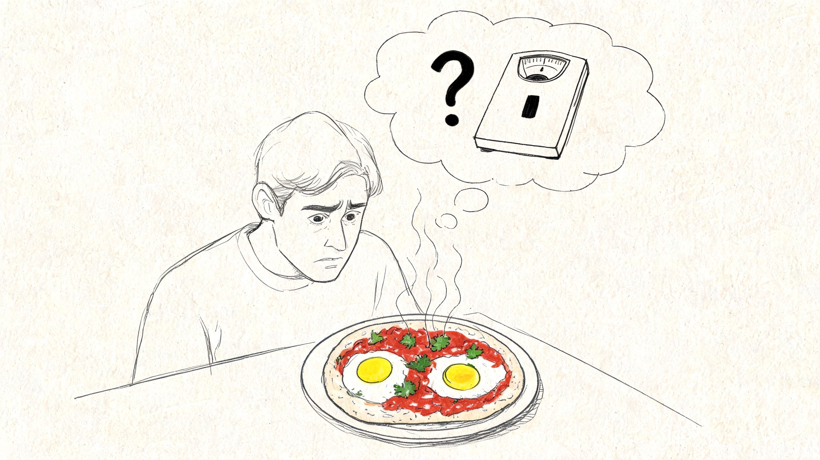 A worried man looking at a plate of huevos rancheros while thinking about weight gain and calories.
