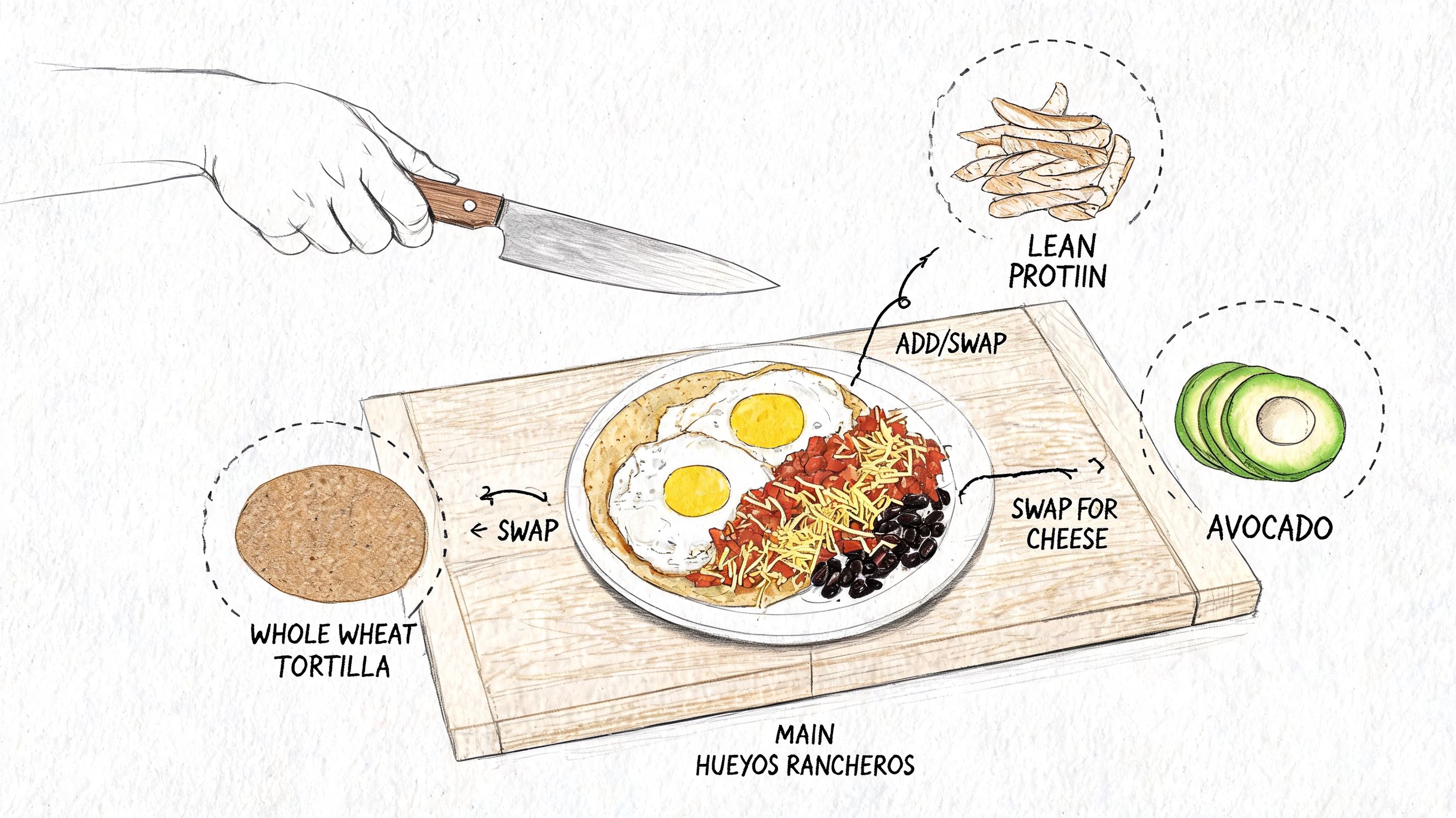 A hand holding a knife above a plate of huevos rancheros with various healthy swap options illustrated.