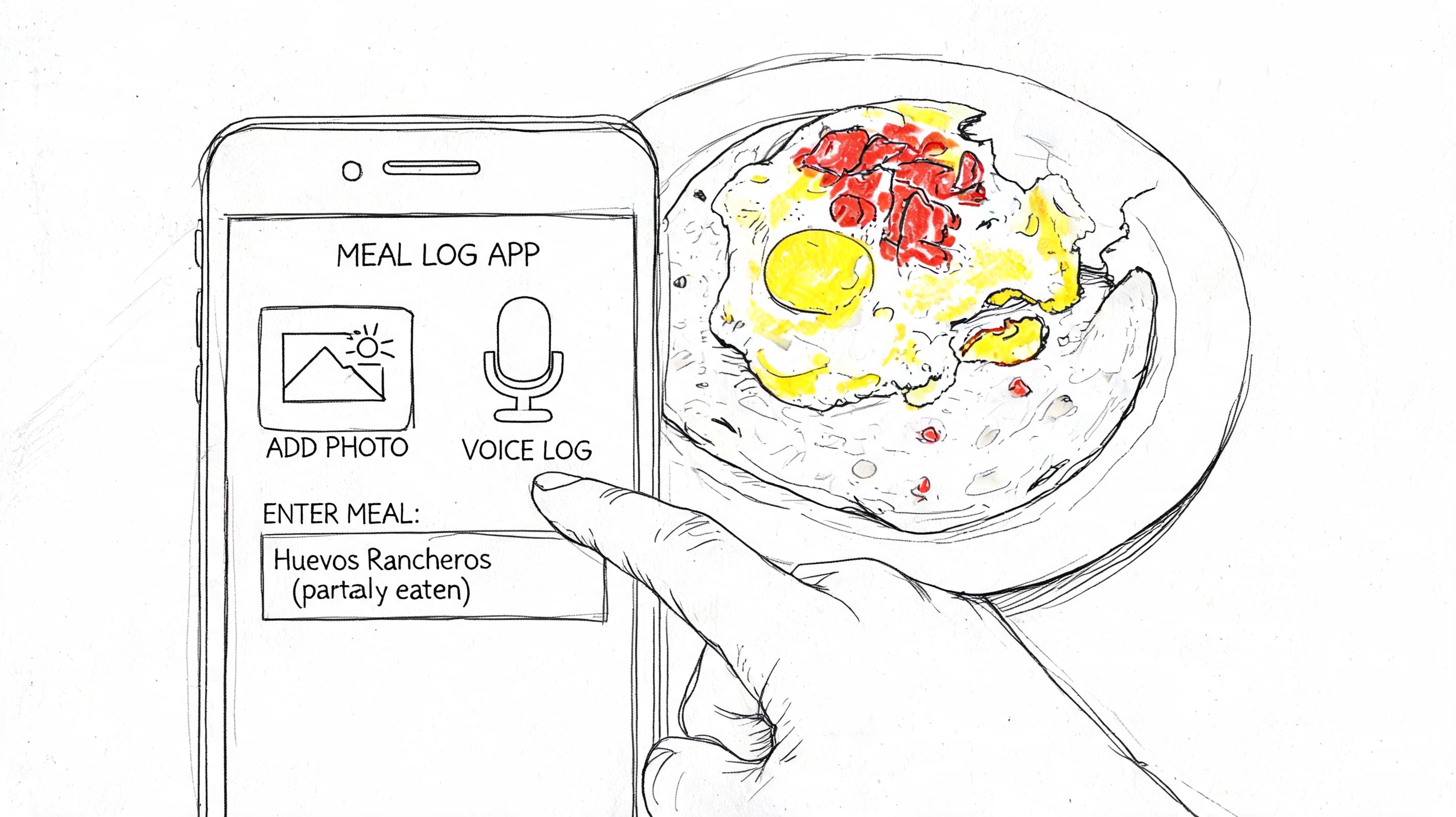 A hand using a smartphone app to log a meal of Huevos Rancheros with a voice feature.