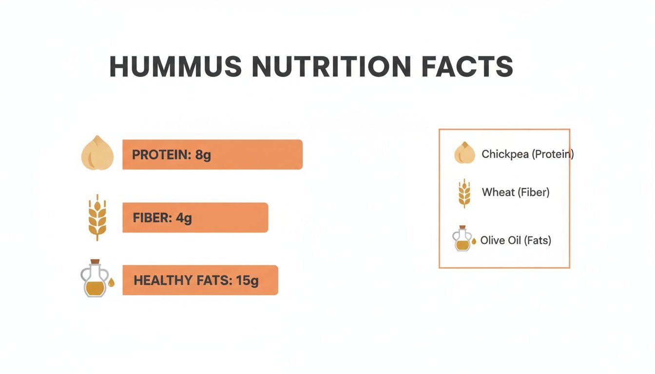 Hummus nutrition facts showing protein (8g), fiber (4g), and healthy fats (15g), along with their sources.