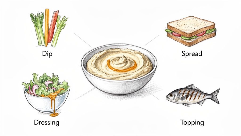 Illustration showing a bowl of hummus in the center, surrounded by its various uses as a dip, spread, dressing, and topping.