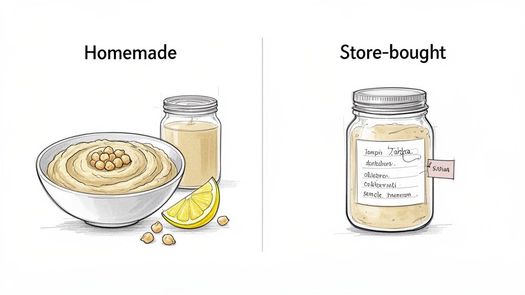 A drawing comparing homemade hummus in a bowl with lemon and a jar of store-bought hummus.