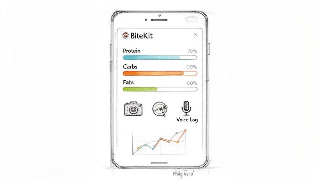 A sketch of a smartphone app, BiteKit, displaying nutrition tracking with protein, carbs, and fats progress.