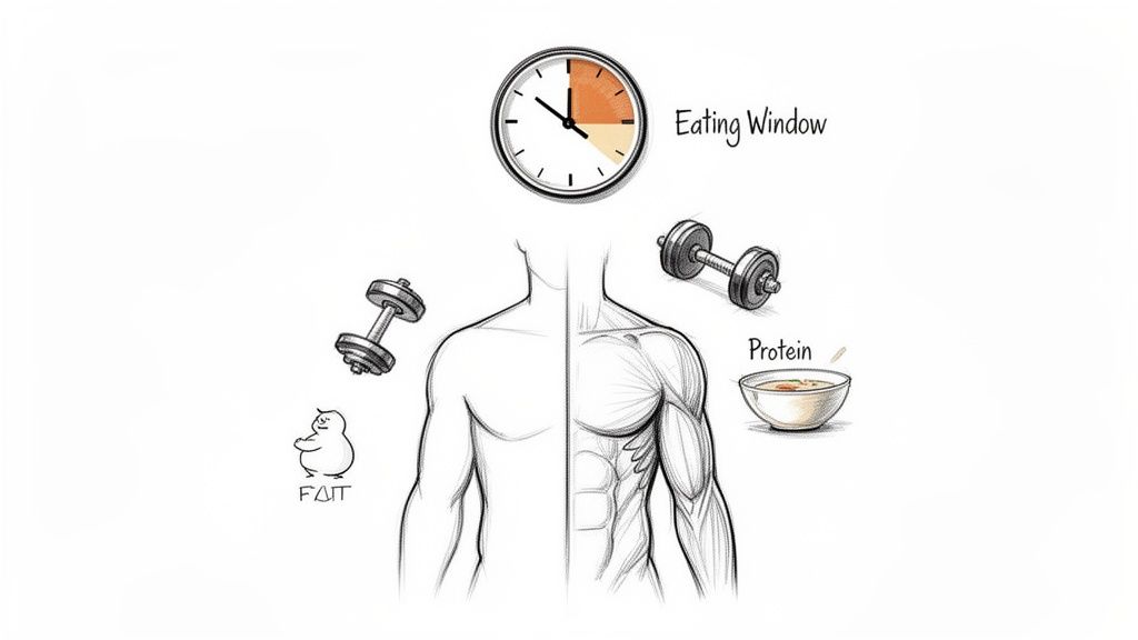 Illustration of intermittent fasting, exercise, and protein intake for muscle gain and body transformation.