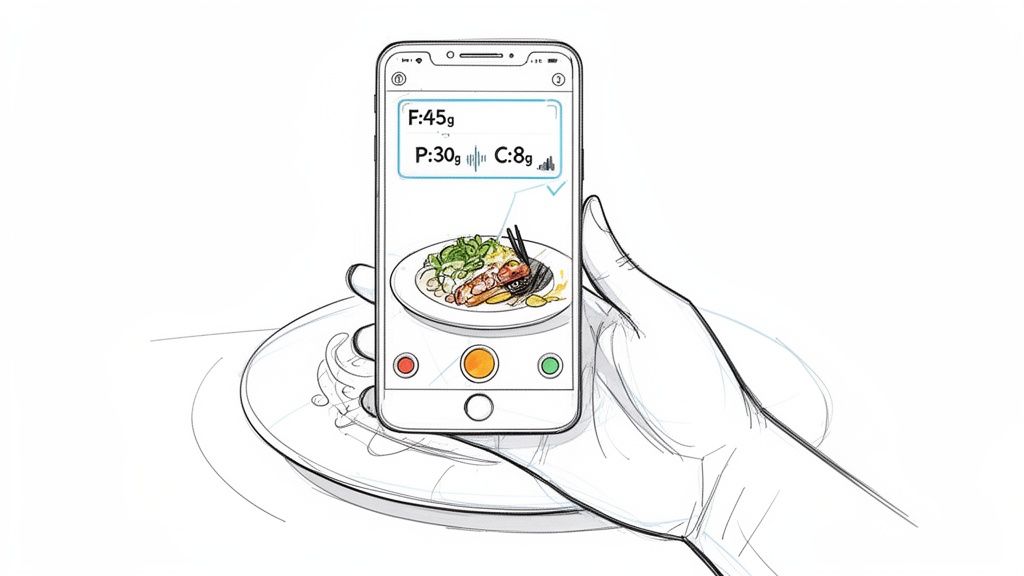 Hand holds smartphone displaying a meal, showing fat, protein, and carb macros.