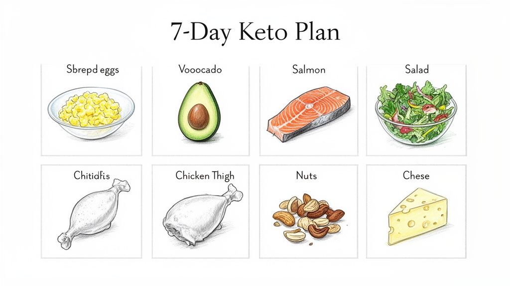 An illustrated 7-Day Keto Plan featuring various low-carb foods like eggs, avocado, salmon, salad, chicken, nuts, and cheese.