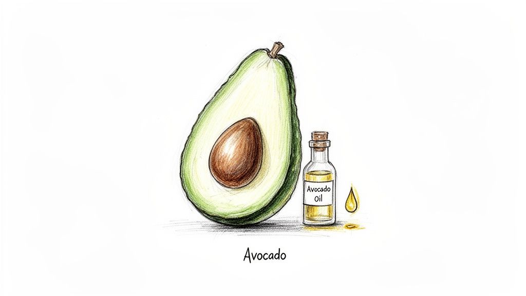 A hand-drawn illustration of a halved avocado with its pit, next to a bottle of avocado oil and an oil drop.