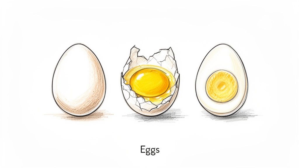 A hand-drawn illustration depicting three eggs: one whole, one cracked open with a runny yolk, and one hard-boiled sliced in half.