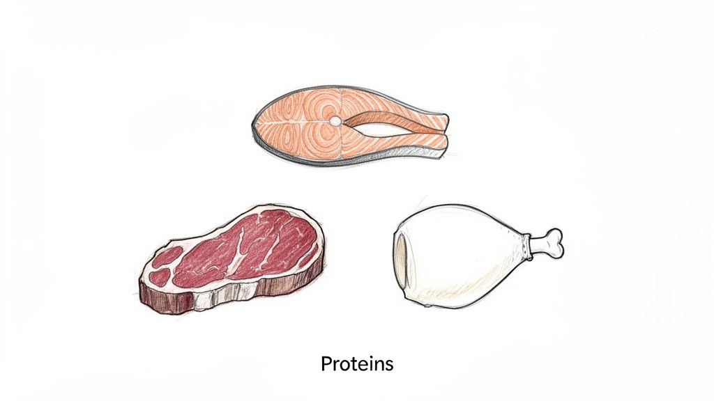 An illustration of a salmon steak, a beef steak, and a chicken drumstick, representing proteins.
