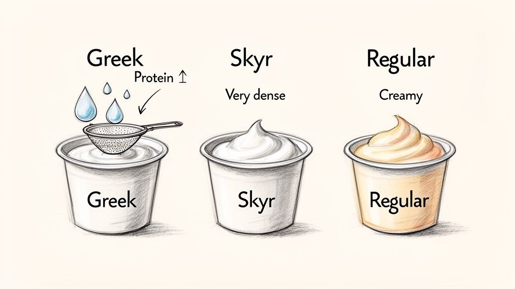 Illustration comparing Greek, Skyr, and regular yogurts, highlighting their texture and protein content.