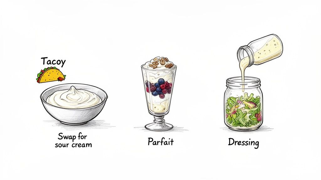 Three versatile ways to enjoy creamy yogurt: as a sour cream substitute for tacos, a berry parfait, and a salad dressing.
