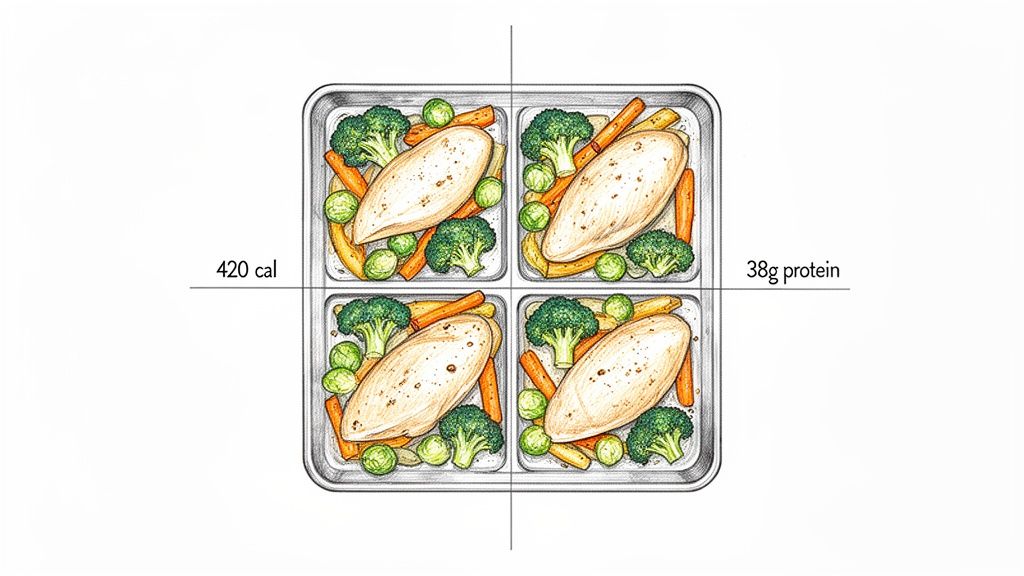 Illustration of a four-compartment meal prep tray with chicken, broccoli, carrots, and sprouts, showing 420 calories and 38g protein per serving.