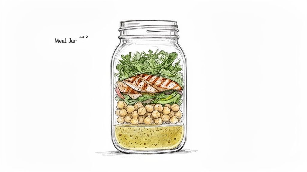 A vibrant meal jar with layered ingredients: dressing, chickpeas, salad, and grilled chicken, labeled 'Meal Jar'.