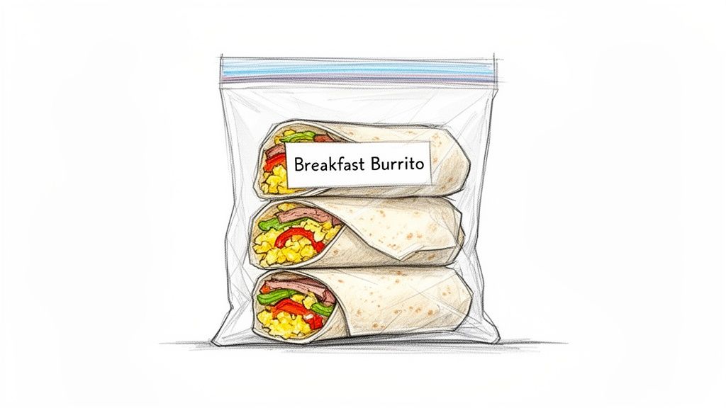 Three colorful breakfast burritos in a clear plastic bag, labeled, ready for meal prep.