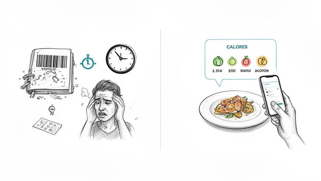 A split image depicting the struggle of manual calorie counting versus the ease of a food tracking app.