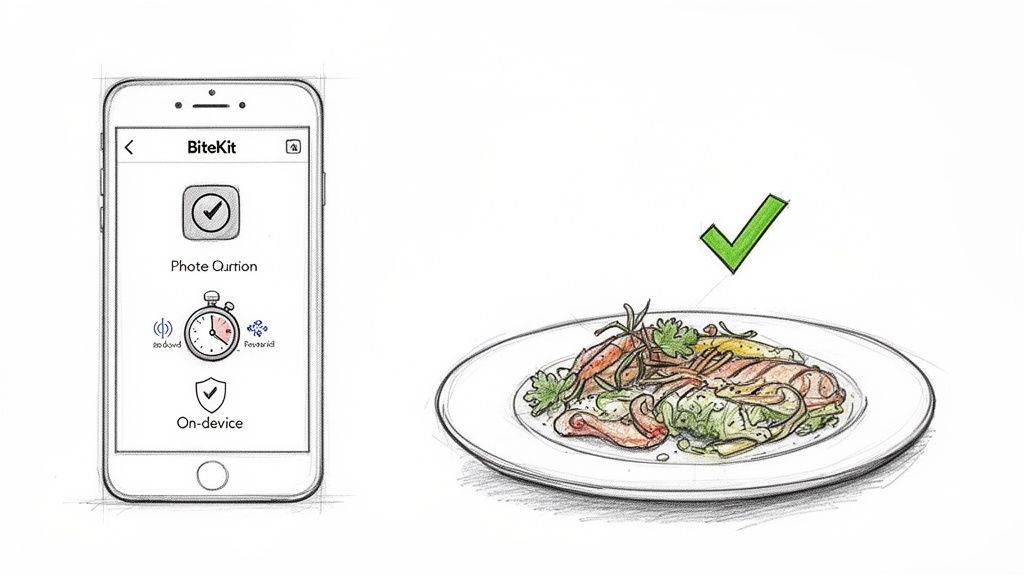 A mobile app, BiteKit, approves a healthy meal with a green checkmark, demonstrating photo calorie counting.