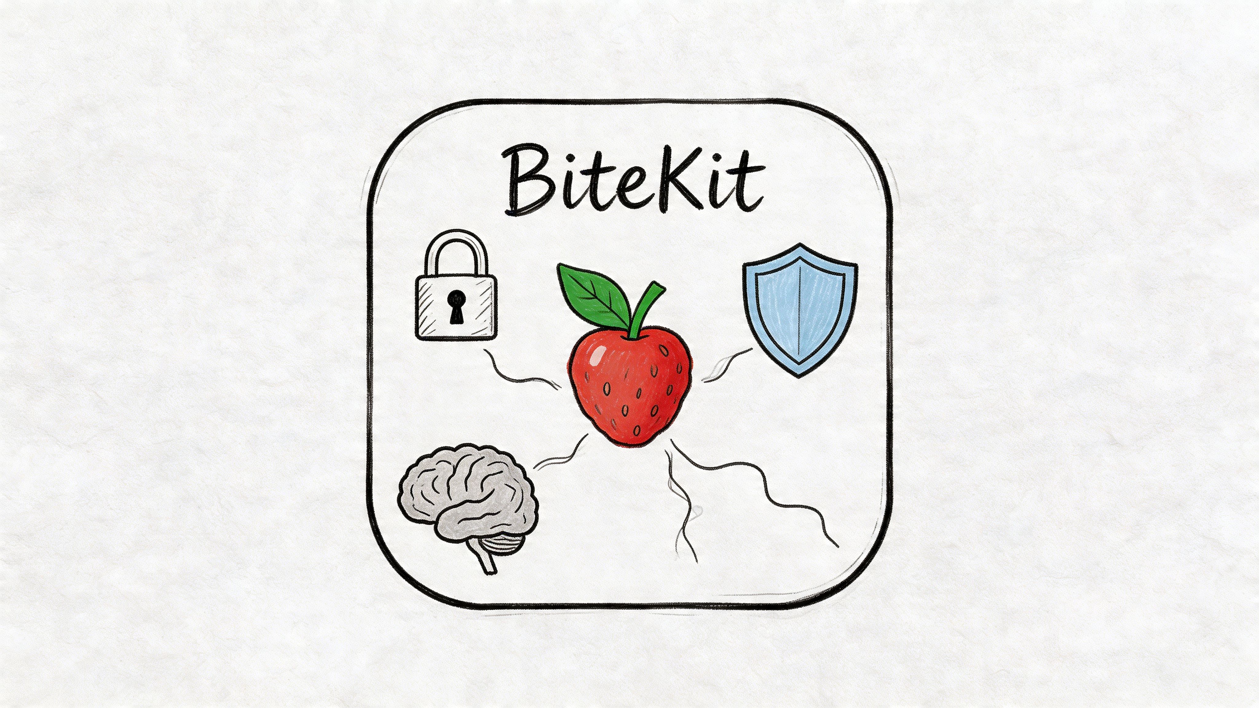 A hand-drawn illustration depicting a strawberry, a padlock, a brain, and a shield inside a rounded box.