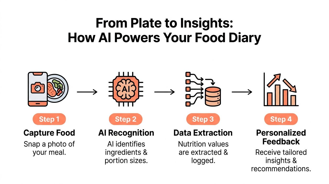 A four-step infographic illustrating how an AI app processes photos of food into personalized nutritional insights.
