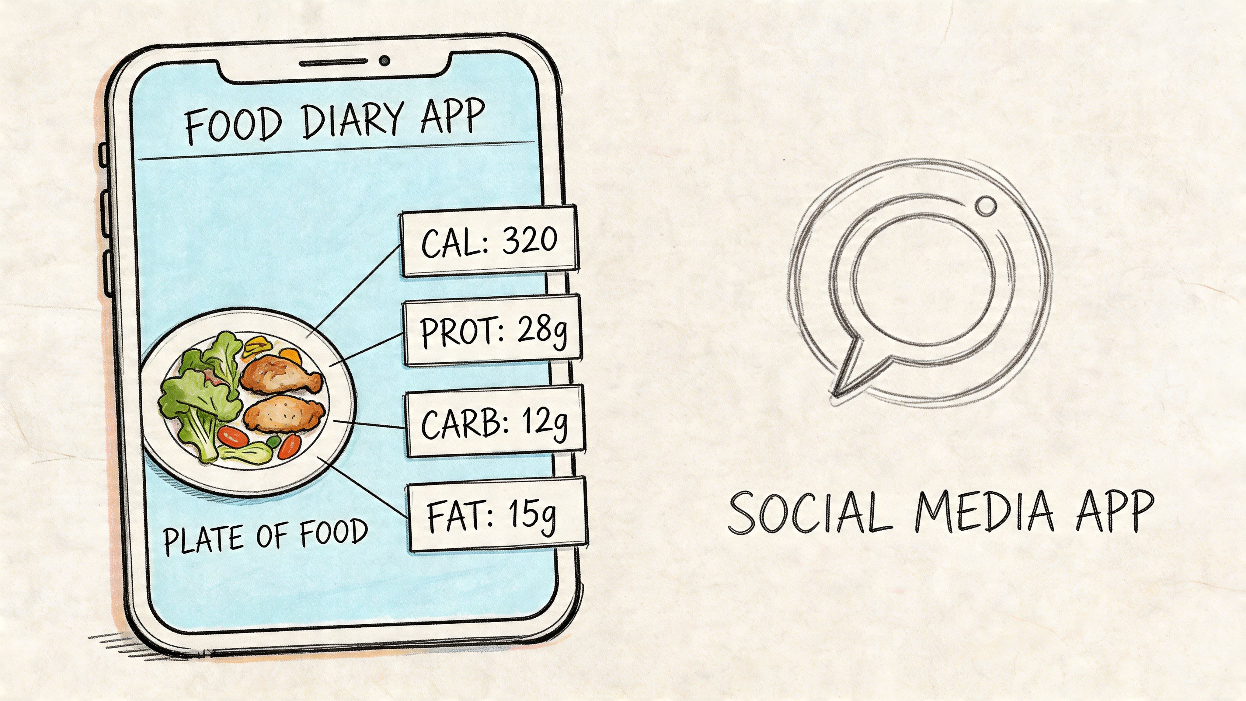 A hand-drawn illustration showing a food diary mobile app next to a social media app icon.