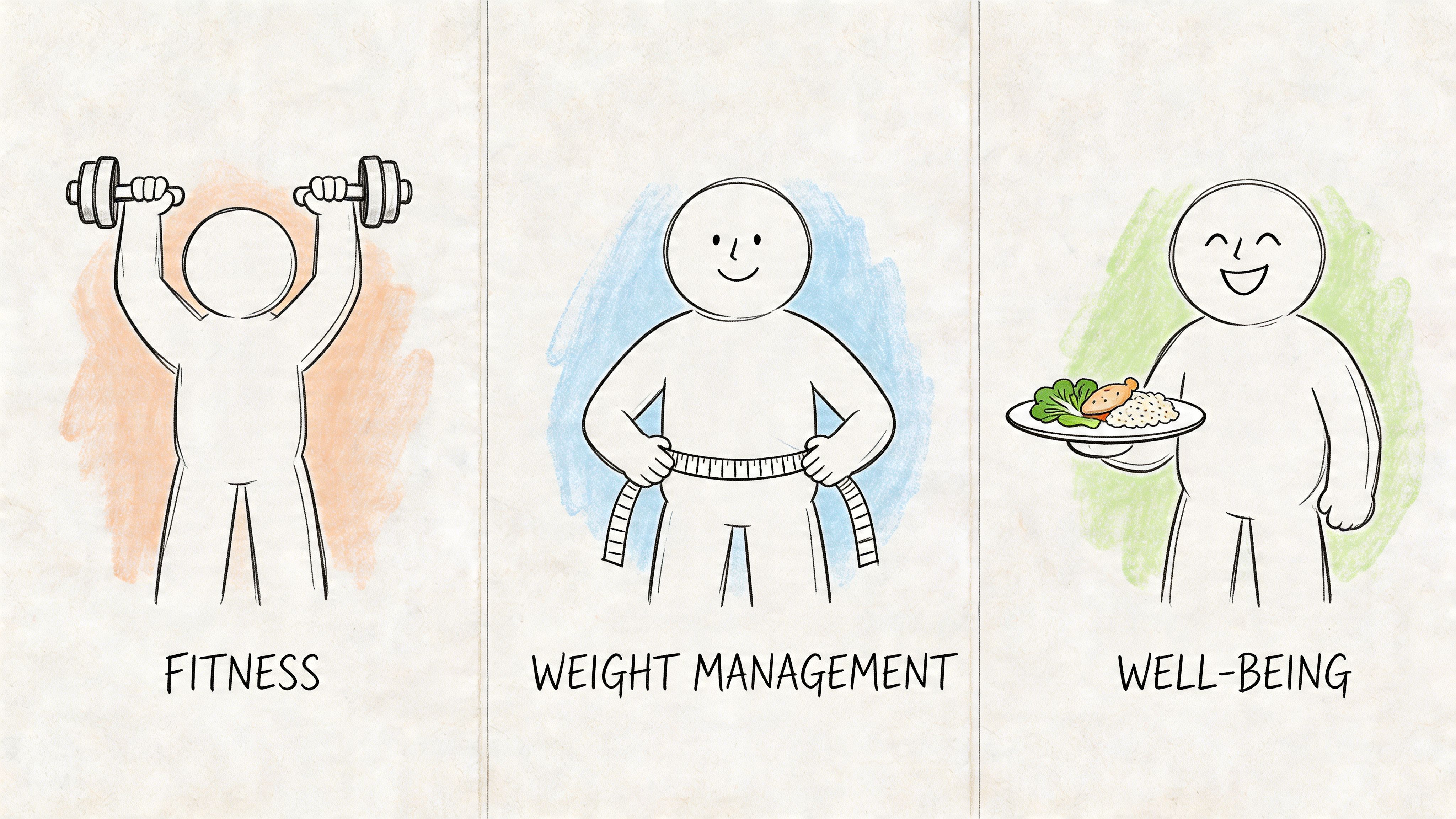 A hand-drawn illustration depicting three icons representing fitness, weight management, and healthy well-being through balanced nutrition.