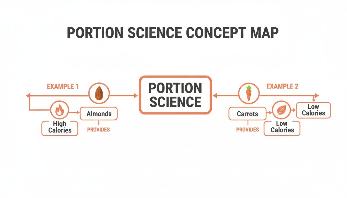 A portion science concept map illustrating high-calorie almonds and low-calorie carrots as examples for portion management.
