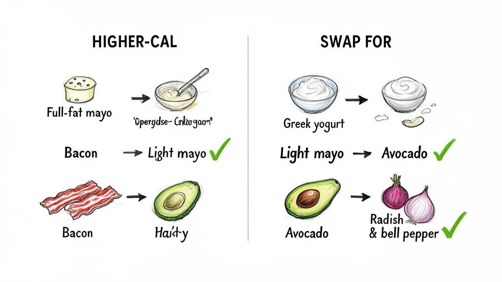 Infographic showcasing multiple healthy food swaps for lower calorie meals, including mayo, bacon, avocado, and vegetables.