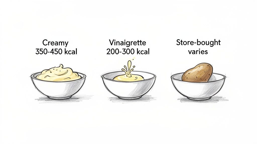 Illustration comparing calorie content of creamy, vinaigrette, and store-bought potato salad types.