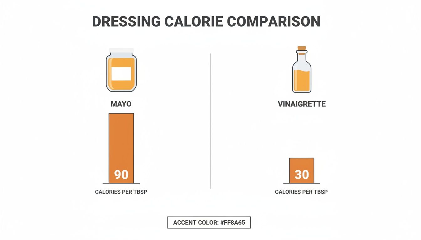 Bar chart comparing calories in mayo (90) and vinaigrette (30) per tablespoon.