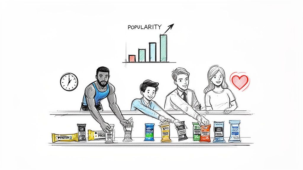 Diverse people choosing various protein bars from a shelf, illustrating popularity and consumer preference.