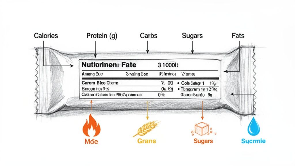 Sketch of a nutrition bar with a labeled nutrition facts panel highlighting calories, protein, carbs, sugars, and fats.