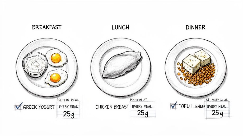 Three plates illustrating a daily protein intake plan: breakfast, lunch, and dinner, each with 25g protein.