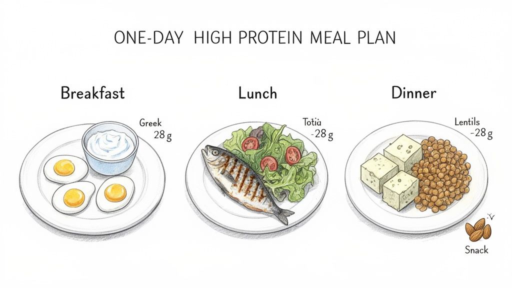 A one-day high protein meal plan illustration featuring eggs, Greek yogurt, grilled fish, tofu, lentils, and almonds.