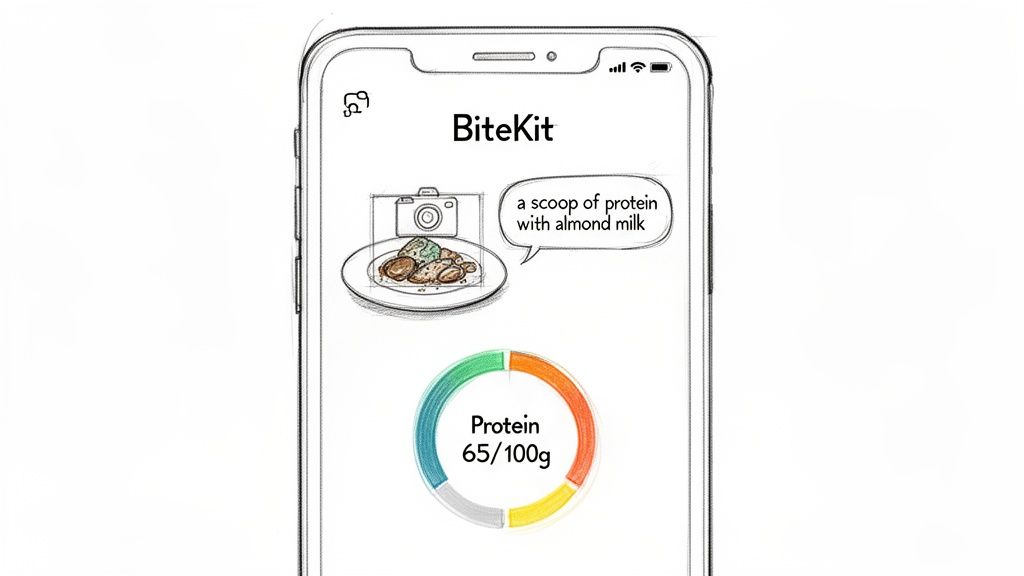 A sketch of the BiteKit smartphone app tracking protein intake, showing 'a scoop of protein with almond milk'.