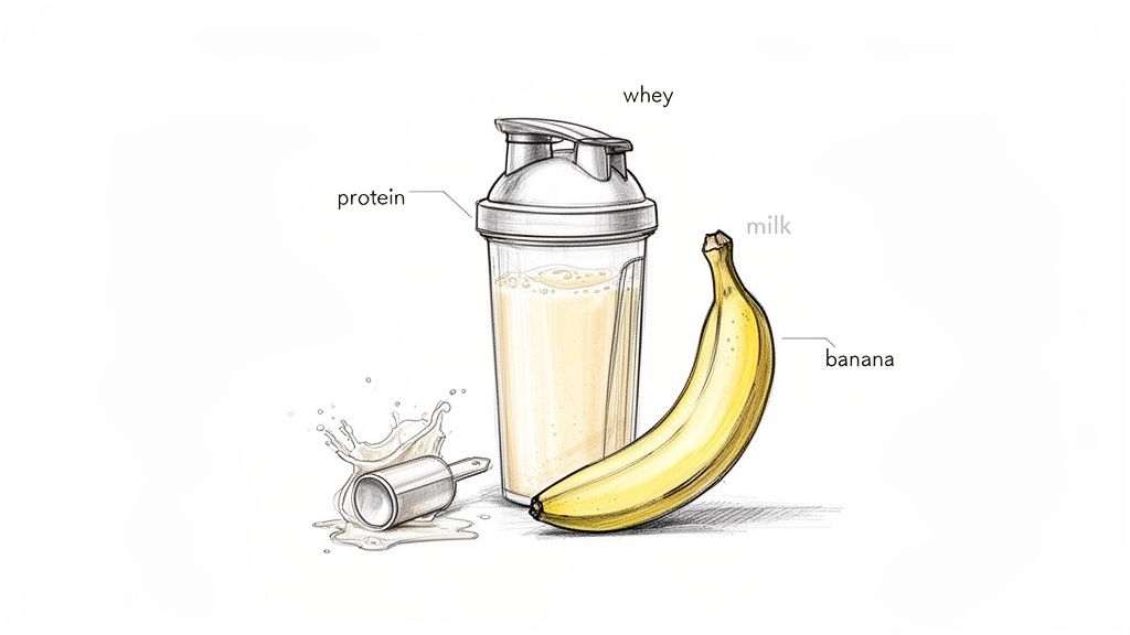 A hand-drawn illustration showing ingredients for a protein shake: a shaker bottle, scoop, and banana.