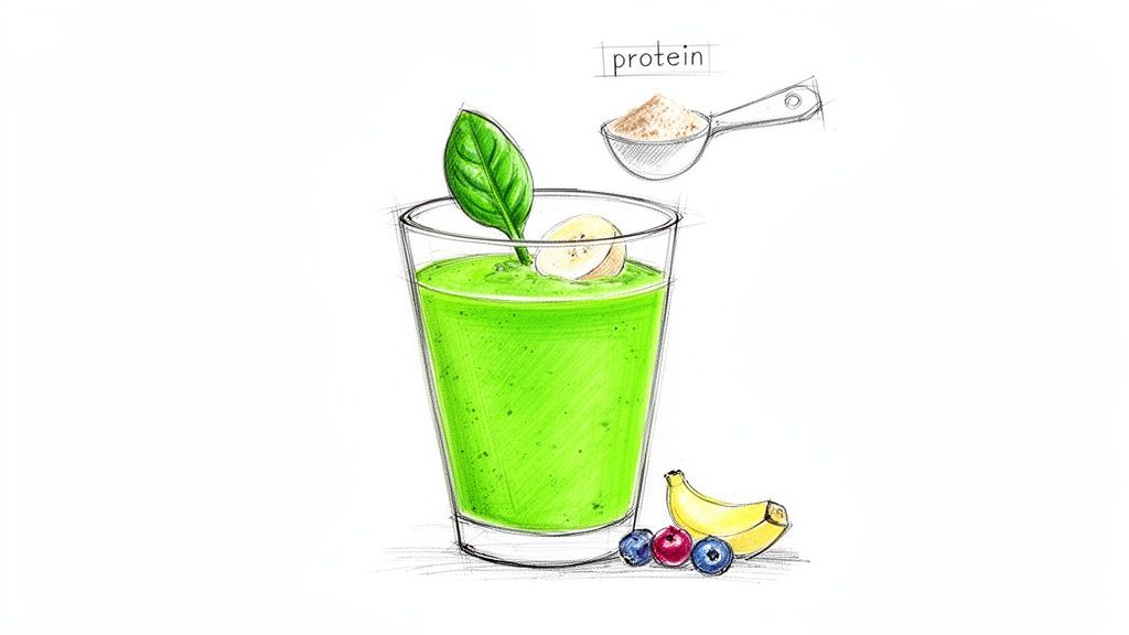 A vibrant green smoothie with spinach, banana, and berries, along with a spoonful of protein powder.