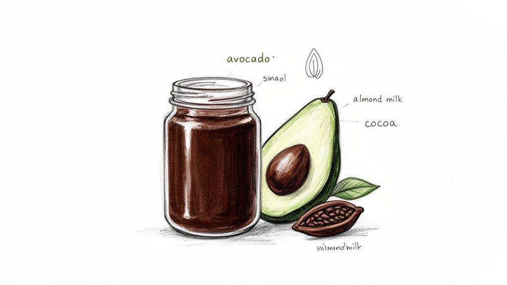 Illustration of chocolate avocado smoothie ingredients: jar, halved avocado, cocoa, and almond.