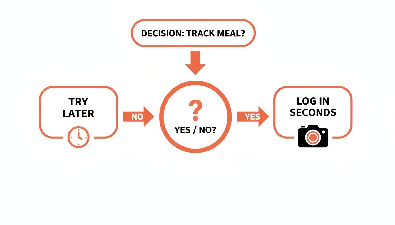 A flowchart illustrating the decision process for tracking a meal, offering options to log now or try later.