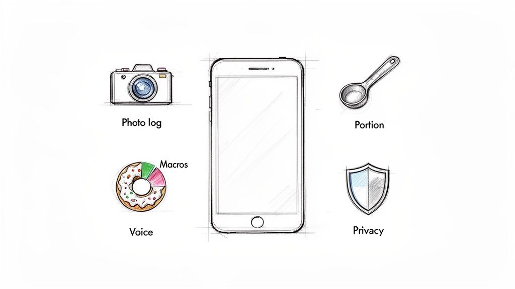 Hand-drawn icons around a smartphone show a calorie counting app's features: photo log, portion, macros, voice, and privacy.