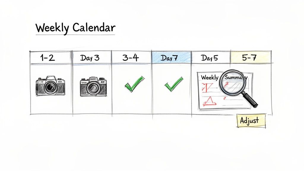 A hand-drawn weekly calendar shows tasks, progress checks, a summary review with a magnifying glass, and an 'Adjust' box.