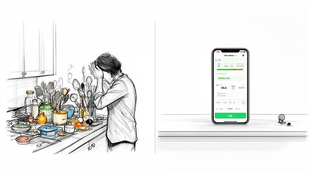 A frustrated person in a messy kitchen countertop filled with dirty dishes next to a calorie counting app on a smartphone.