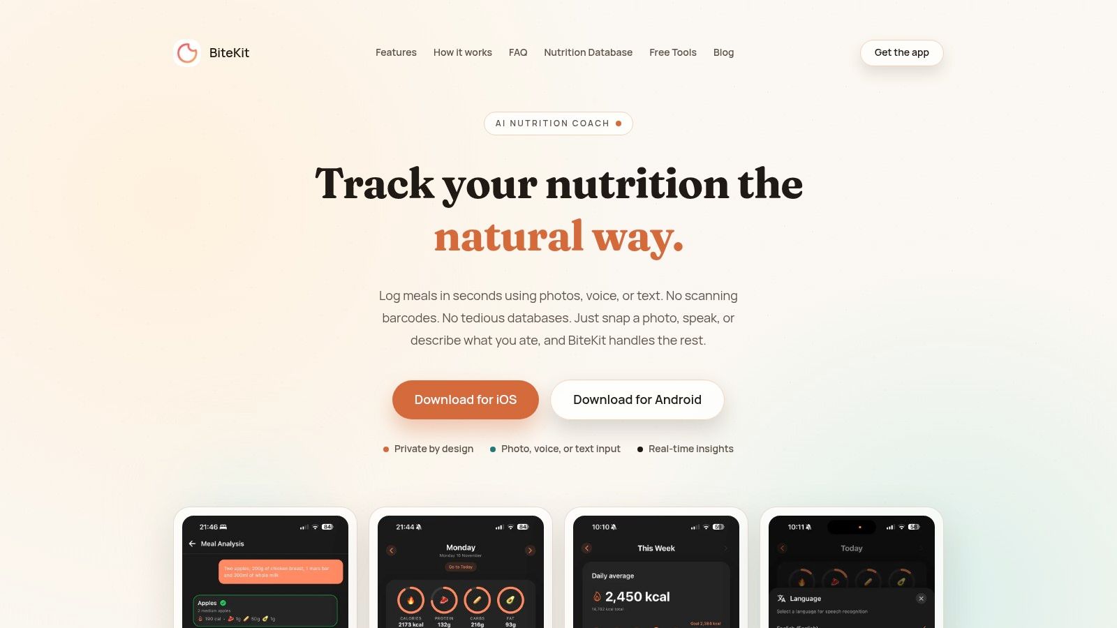 BiteKit food logging interface showing a photo of a meal and its nutritional breakdown.